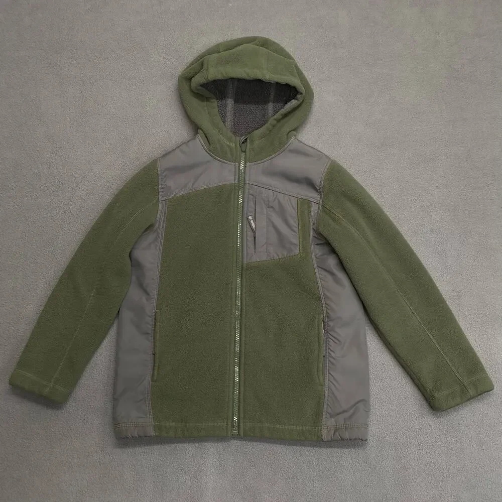 Lands End Full Zip Hoodie Fleece Sweater Jacket Kids 7 Green Grey Zipper Pockets